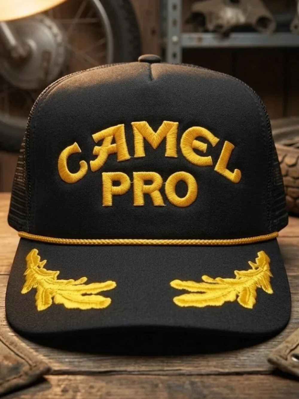 Camel Pro Racing Embroidered Black Gold Rope Trucker Hat Snapback Cap New 80s F1